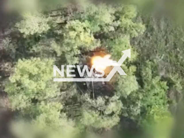 Russian tank explodes in a forested area in Ukraine in undated photo. Fighters of the Dnipro Separate Brigade of the Territorial Defense Forces destroyed Russian T-72 tank. Note: Picture is a screenshot from a video (Dnipro Territorial Defense brigade/Newsflash)