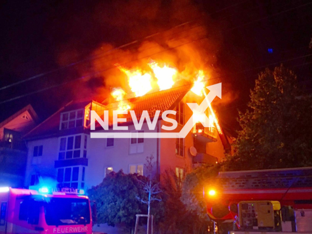 Image shows a burning house roof, undated photo. The incident happened in Stuttgart, Germany on Saturday, Oct. 1, 2022. Note: Licensed content. (Feuerwehr Stuttgart/Newsflash)