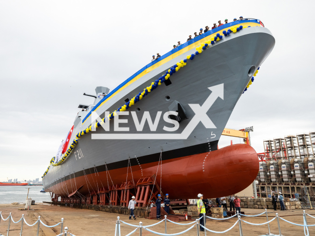 Picture shows a corvette warship at the military shipyard of the Istanbul Shipyard Naval enterprise, in Istanbul, Turkey, Sunday, Oct. 2, 2022. First Ukrainian anti-submarine corvette of the Ada type, named after the Hetman Ivan Mazepa, was launched in Turkey for the Ukrainian Navy. Note: Picture is obtained from Olena Zelenska, the First Lady of Ukraine (@olenazelenska.official/Newsflash)