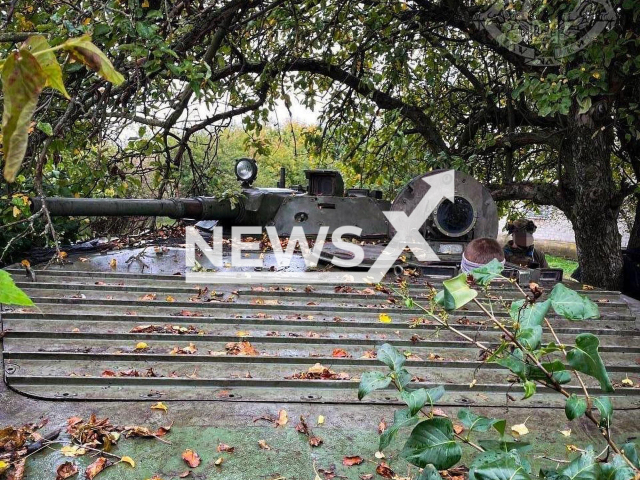 Picture shows BMP-1 tank among trees in Kharkiv region, Ukraine, in undated photo. Fighters of the 8th special purpose regiment named after Prince Izyaslav Mstislavich of the Special Operations Forces captured Russian BMP-1 tank and Kamaz vehicle with ammunition. Note: Photo is obtained from the Special Operations Forces of the Armed Forces of Ukraine (@ukr_sof/Newsflash)