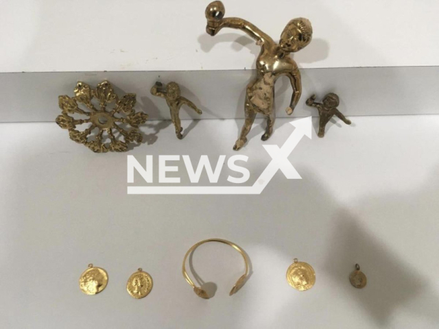 The photo shows artefacts found by treasure hunters and thought to be from the Roman period, undated photo. The two friends who found the artefacts were arrested by police after one of them filed a report with the police following a disagreement. Note: Photo is from police (Gungoren Ilce Eminiyet Mudurlugu/Newsflash)