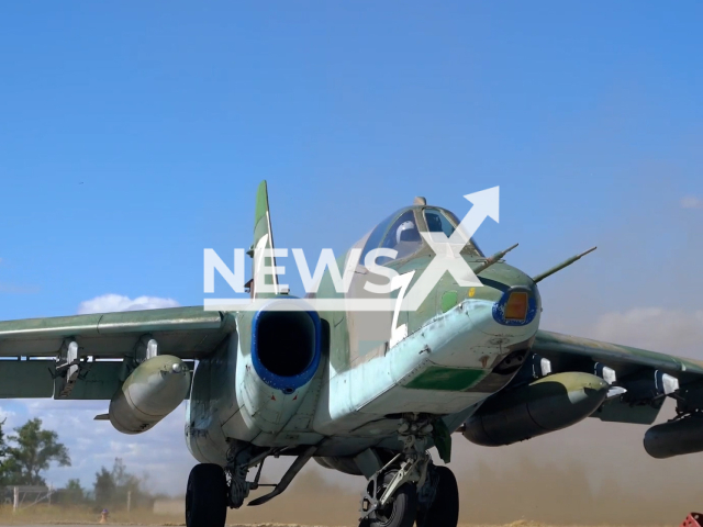 Picture shows Su-25 attack aircraft before the start of the combat mission in Ukraine in undated footage.
According to the Russian MoD as a result of the combat use of aviation weapons, camouflaged fortified field positions and armored vehicles of the Armed Forces of Ukraine were destroyed.
Note: This picture is a screenshot from the video.
(Ministry of Defense of Russia/Newsflash)