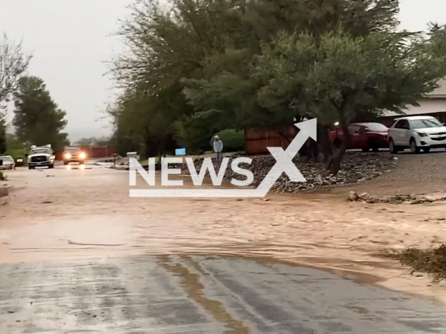 Description: Major flooding due to heavy rain, in Cottonwood, Arizona. Notes: Picture is a screen from video(Cottonwood Arizona Police Department/Newsflash)