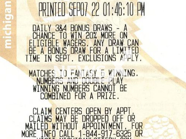 Picture shows the winning Fantasy 5  ticket, undated.  The winner who chose to remain anonymous, got a call from a friend letting him know he might have won, on Sept. 8, 2022. 
 Note: Licensed photo.  (Michigan Lottery/Newsflash)