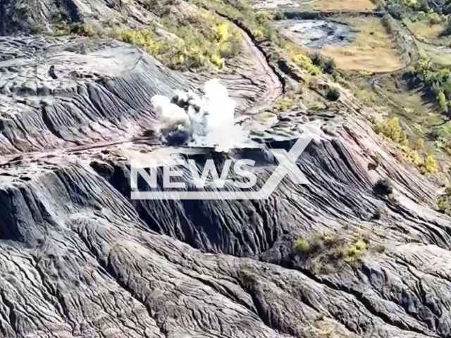 Picture shows an explosion on the slope of the spoil tip in Donetsk region, Ukraine in undated photo. Paratroopers of the 79th separate amphibious assault brigade of the Airborne Assault Troops of the Armed Forces of Ukraine with the help of drones discovered the position of the Russian occupiers and destroyed them. Note: Picture is a screenshot from a video (@www.dshv.mil.gov.ua/Newsflash)