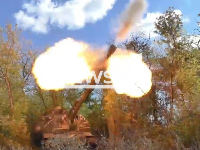 DPR Msta-S self-propelled howitzer shoots in a forested area in the Maryinka direction, Ukraine in undated photo. Artillerymen of the Southern Military District of the People's Militia of the DPR used 152-mm 2S19 Msta-S self-propelled howitzer to shoot at Ukrainian positions. Note: Picture is a screenshot from a video (@nm_dnr/Newsflash)