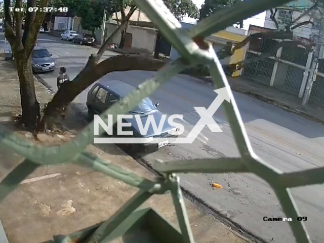 A pedestrian passes between a tree and  a car, as it falls and hits a car, in Belo Horizonte, Brazil, on Thursday, Oct. 4, 2022. The car was damaged from the fall but the pedestrian did not stop walking. Note: Picture is a screenshot from a video (Newsflash)