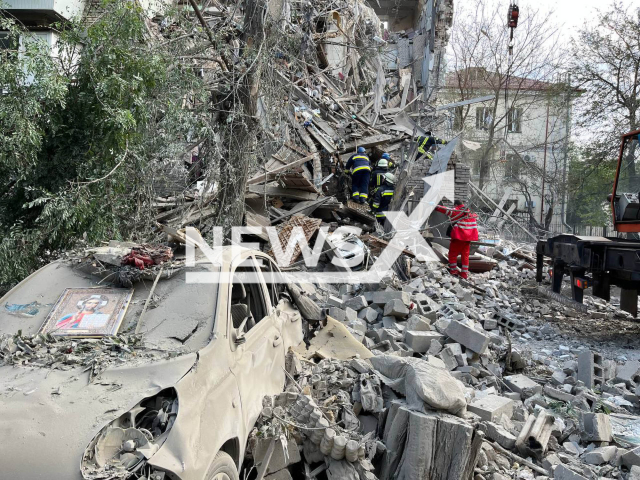 Picture shows destroyed residential area of Zaporizhzhia, Ukraine, Thursday, Oct. 6, 2022.  As result of 7 rocket attacks on Zaporizhzhia, residential buildings were destroyed, 13 people were injured, and 3 more died. Note: Photo is obtained from the State Emergency Service of Ukraine.(@MNS.GOV.UA/Newsflash)