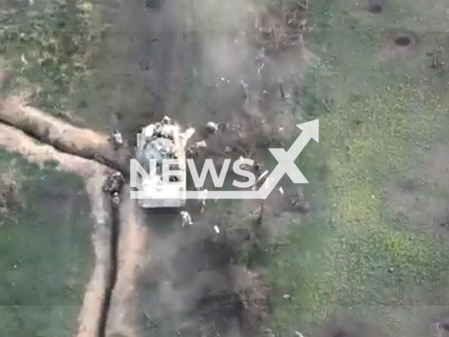 Picture shows Russian soldiers on armored vehicle before they were attacked by the fighters of the 59th separate motorized infantry brigade in the Kherson Oblast in Ukraine in October 2022.
The images were released by the Ground Forces of Ukraine on Thursday, 6th October 2022.
Note: This picture is a screenshot from the video.
(59th separate motorized infantry brigade/Newsflash)