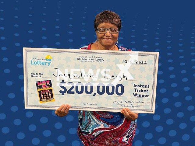 Jacqueline Leigh, 60, of Roper in North Carolina, United States, poses in undated photo. She said her scratch-off lottery ticket nearly ended up in the trash before she realized it was a USD 200,000 (GBP 178,793) winner in October 2022. Note: Licensed content. (North Carolina Education Lottery/Newsflash)