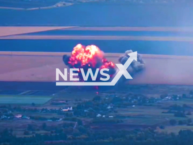 Russian Su-34 fighter explodes after being shot down by the Ukrainian Air Defence in Ukraine in undated footage. The Sukhoi Su-34 is a Soviet-origin Russian twin-engine, twin-seat, all-weather supersonic medium-range fighter-bomber/strike aircraft. Note: This picture is a screenshot from the video. (@AFUStratCom/Newsflash)