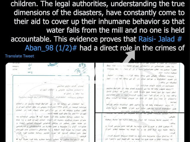 Photo shows the Twitter post of Edaalate Ali, undated photo. Edaalate Ali, a hacker group, exposed one of the correspondences of Iran's judicial authorities, which indicates that 110 victims of the October 2019 protests were buried "under protection" and by order of Ebrahim Raisi. Note: Picture is a screenshot from a post (@EdaalateAli1400/Newsflash)