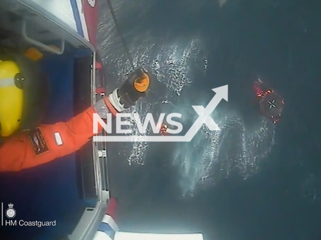 HM Coastguard helicopter rescue of the fishing crew off Shetland on Thursday Oct. 6,2022.Note: Photo is a screenshot from video. (Maritime and Coastguard Agency/Newsflash)