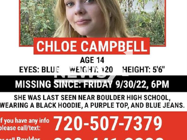 Missing person  poster for Chloe Campbell, 14, undated. She was last seen at the school  football game in Boulder, Colorado, USA, on Friday, Sept. 30, 2022. Note: Police photo. (City of Boulder/Newsflash)