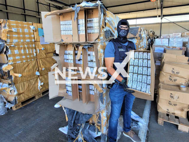 A customs officer poses in the depot with the confiscated cigarettes, undated photo. Joined Italian and German customs forces seized over 13.8 million cigarettes and 13.5 tonnes of hookah tobacco on Tuesday, Aug. 23, 2022. Note: Licensed content. (Zollfahndungsamt Munchen/Newsflash)