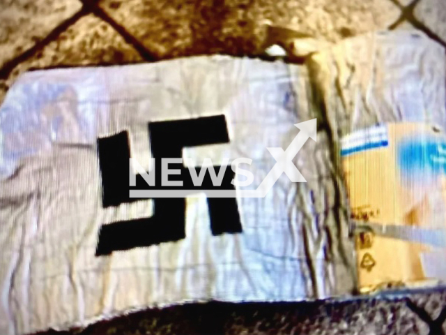 Image shows a swastika sign, undated photo. It was painted over two home-made pipe bombs found on railway tracks at the train station in Straussfurt, in Thuringia, Germany. Note: Private photo. (Newsflash)