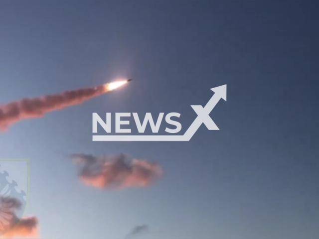 Rocket flies to its target in sky in Ukraine in undated photo. Russian Shahed-136 kamikaze drone was hit by Air Force anti-aircraft guns. Note: Photo is a screenshot from the video (@PvkCenter/Newsflash)