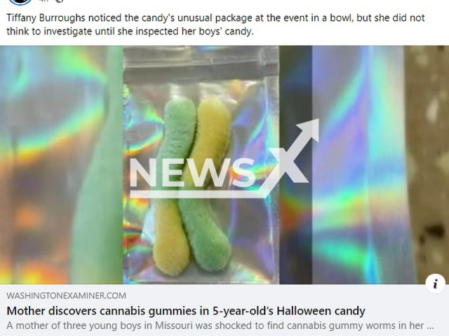 Image shows the cannabis gummy worms packaging, undated photo. It was brought home by a five-year-old boy after a Halloween event in St. Charles, Missouri, United States, on Saturday, Oct. 8., 2022. Note: Photo is a screenshot from a post. (Newsflash)