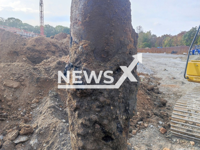 Image shows a World War II bomb, undated photo. German authorities evacuated 20,000 people to detonate the 500-kilogramme (1102 lbs) bomb in the city of Frankfurt, Germany on Wednesday, Oct. 12, 2022. Note: Licensed content. (Herr Schaider, Regierungsprasidium Darmstadt/Newsflash)