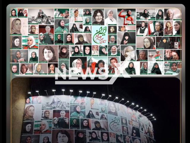 Photo shows a billboard with the faces of several Iranian women, undated photo. The billboard in Valiasr Square in Tehran, Iran, with the title "Women of my land, the famous women of Iran", was taken down a day after it was displayed after several of the famous faces on this bilboard asked for their photos to be removed. Note: Picture is a screenshot from a post (@owjmedia_org/Newsflash)