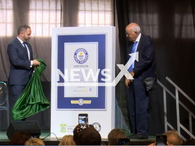 Image shows the Guinesss Book of Records ceremony, undated photo. The siblings from the town of Moya, Canary Islands, Spain entered the Guinness Book of Records for having the highest combined age in the world, 1058 years. Note: Photo is a screenshot from a video. (Newsflash)