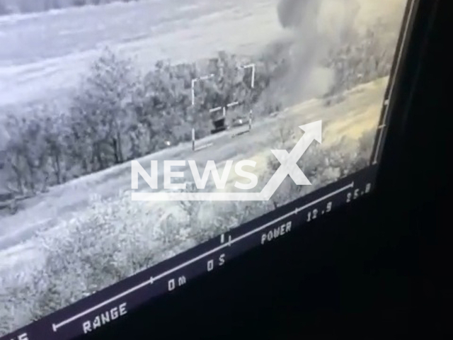 Russian military equipment explodes in a forested area in Ukraine in undated photo. Northern operational-territorial unit of the National Guard of Ukraine shot at Russian military equipment. Note: Picture is a screenshot from a video (@ngunorth/Newsflash)