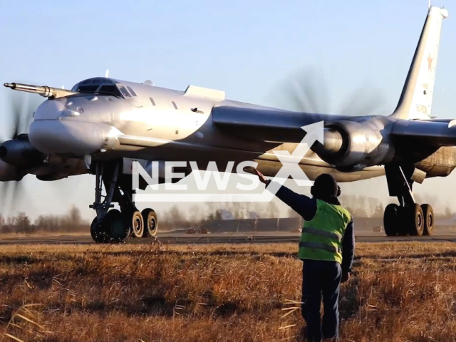 Tu-95MS strategic missile carrier prepares to take off on a scheduled flight over the neutral waters of the Pacific Ocean, the Bering Sea and the Sea of ​​Okhotsk, date unknown, obtained from Russia MoD on Tuesday, Oct. 18, 2022.
The Tupolev Tu-95 is a large, four-engine turboprop-powered strategic bomber and missile platform. First flown in 1952, the Tu-95 entered service with the Long-Range Aviation of the Soviet Air Forces in 1956 and was first used in combat in 2015.
Note: This picture is a screenshot from the video.
(@mod_russia/Newsflash)