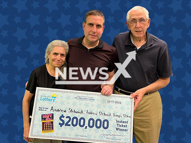 Andrew Raymond Stefanick, 48, and his parents Andrew Stefanick and Dunyia Stefanick, pose in undated photo. They shared a USD 200,000 (GBP 177,000) lottery prize in Rowan County, in North Carolina, USA in October 2022. Note: Licensed content. (NC Education Lottery/Newsflash)