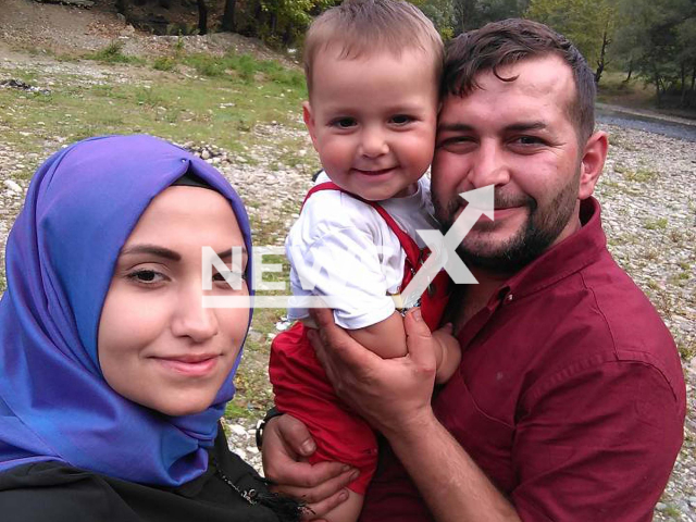 Ibrahim Kansuz, 34, poses with his wife Solgul Kaansuz and their child in an undated photo. Ibrahim Kansuz and his daughter Eylul Mina Kasuz, 4, died in Darica, Kocaeli, Turkey. Note: Picture is private (@songul.sancar.357/Newsflash)