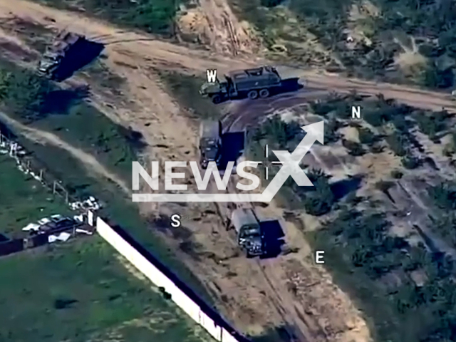 Picture shows Russians convoy of military vehicles before it was destroyed by the Ukrainian HIMARS in Ukraine in undated footage.
Ukrainian military used the Magyla-3 drone which captures the Russian military convoy, tracks it, and transmits information and coordinates to the HIMARS crew.
Note: This picture is a screenshot from the video. (@AFUStratCom/Newsflash)