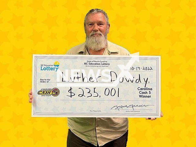 Luther Dowdy, 63, of Lincolnton, North Carolina, USA, poses in undated photo. He won USD 235,001 (GBP 210,000) lottery jackpot in October 2022. Note: Licensed content. (North Carolina Education Lottery/Newsflash)