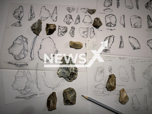 Picture shows the artefacts and drawings of them,  during the analysis, undated.
The flint tools discovered over 50 years ago in Tunel Wielki cave, in Poland were found to be half a million years old after an extensive project aimed at analysing artefacts by the University of Warsaw. Note: Licensed photo.  (M. Kot/Newsflash)