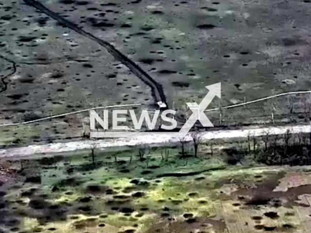 Russian tank moves down the road  in a field area in Donetsk region, Ukraine in undated photo. Engineering and sapper division of the 79th Separate Airborne Assault Brigade destroyed Russian armored vehicle and its personnel. Note: Picture is a screenshot from a video (@www.dshv.mil.gov.ua/Newsflash)