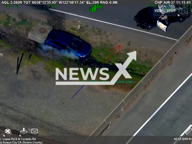 A high-speed chase in Solano County ends in a drainage ditch near Cordelia in California in the United States on the 28th of February 2022.
Note: This picture is a screenshot from the video.
(@CHPGoldenGateAirOps/Clipzilla)