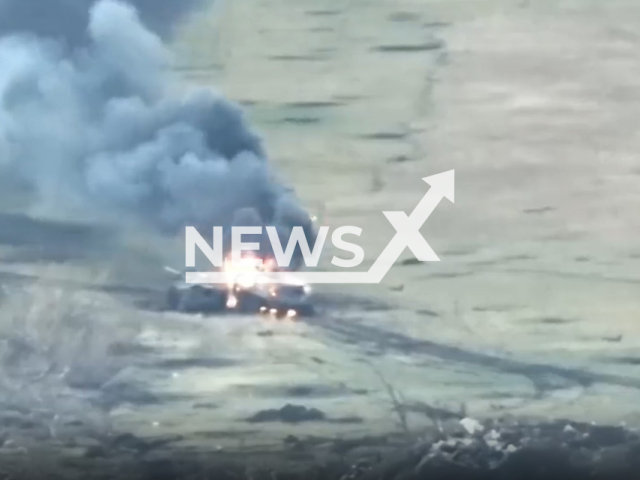 Ukrainian tanks burn on the road near trees in Ukraine in undated photo. Soldiers of special forces battalion of the People's Militia of the DPR destroyed Ukrainian armored personnel carriers and infantry fighting vehicles. Note: Picture is a screenshot from a video (@nm_dnr/Newsflash)