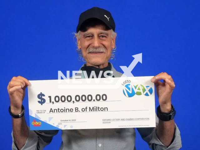 Antoine Beaini poses with his check from winning the lottery, undated.  This is his second CAD 1 million prize in a year. Note: Private photo.  (OLG/Newsflash)