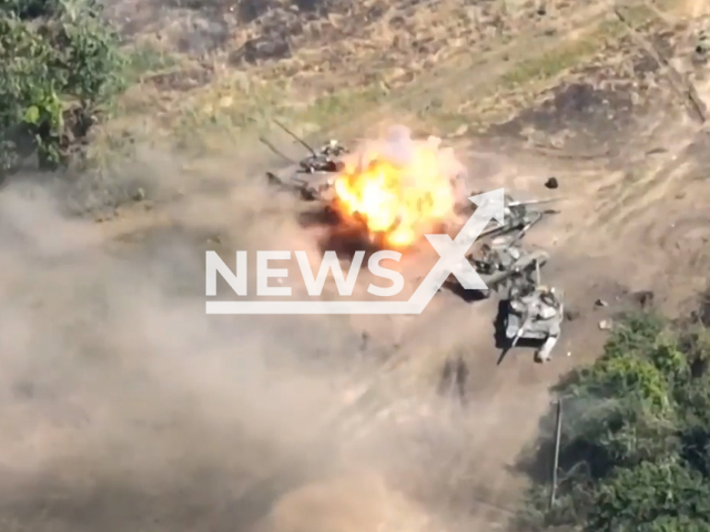 Picture shows the destruction of the Russian tank by the Armed Forces of Ukraine in Ukraine in undated footage. Ground forces of the Armed Forces of Ukraine released compilation of videos with the work on the Armed Forces of Ukraine on the Russian military. Note: This picture is a screenshot from the video. (@easternbridgehead/Newsflash)