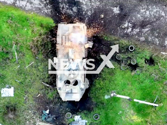 Russian tank explodes in a field area in Donetsk region, Ukraine in undated photo. Soldiers of the artillery unit of the 79th separate amphibious assault brigade of Mykolaiv destroyed Russian BTR-82A armored personnel carrier with the help of an attack drone. Note: Picture is screenshot from a video (@www.dshv.mil.gov.ua/Newsflash).