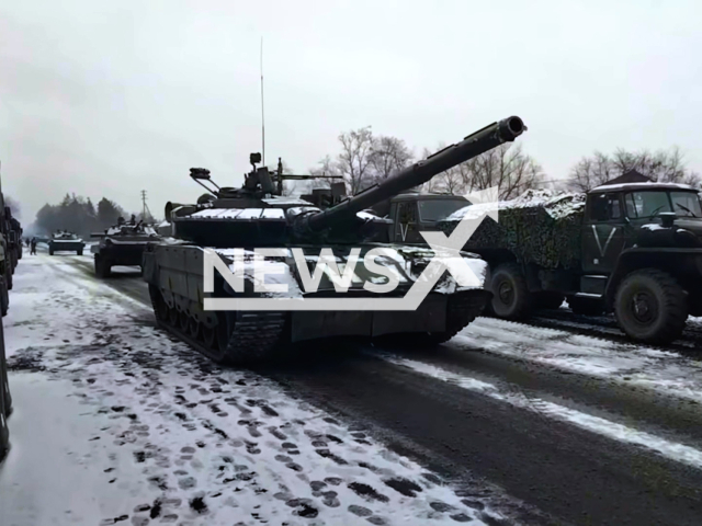 The advancement of a tank unit in the Kiev region during a special military operation in Ukraine video published by the Ministry of Defense of Russia on the 7th of March 2022.
Note: This picture is a screenshot from the video.
(Ministry of Defense of Russia/Newsflash)