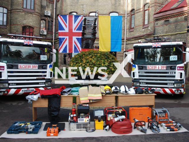 Picture shows fire-rescue vehicles, fire-rescue equipment, British and Ukrainian flags in Lviv, Ukraine, Thursday, Oct. 27, 2022. There was a ceremony for the handover of 9 fire-rescue vehicles and fire-rescue equipment to the State Emergency Service of Ukraine from the Government of Great Britain and Northern Ireland. Note: Picture is obtained from the main department of the State Emergency Service of Ukraine in the Lviv region. (@LVIVDSNS/Newsflash)