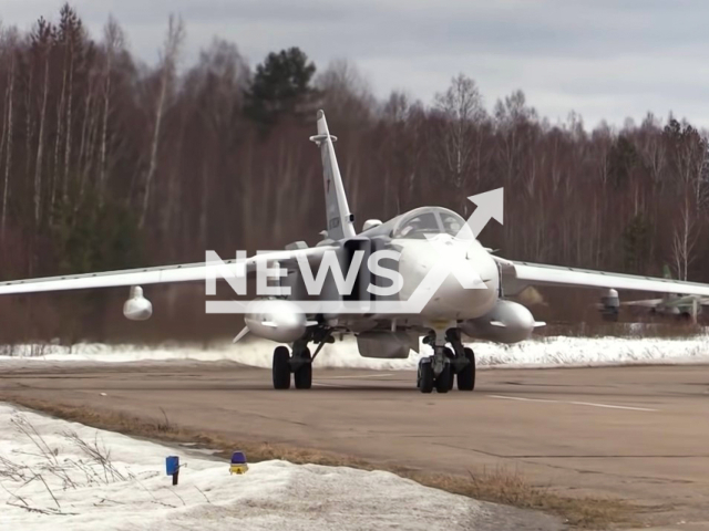 Crew of a Su-34 fighter-bomber takes off from the base airfield and by using high-precision aircraft weapons, destroys military infrastructure of Ukrainian nationalists.
Note: Photo is a screenshot from a video(Ministry of Defense of Russia/Newsflash).