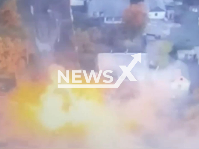 Russian tank explodes in a residential area in the south of Ukraine in undated photo. Airborne unit of aerial reconnaissance and army troops of the Airborne Assault Forces of Ukraine destroyed Russian hidden armored vehicles along with the crew with help of artillery. Note: Photo is a screenshot from the video (@www.dshv.mil.gov.ua/Newsflash)