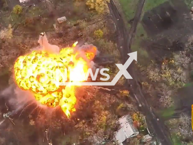 Picture shows an explosion in a residential area in Ukraine in undated photo. Fighters of the 40th Separate Artillery Brigade named after Grand Duke Vytautas the Great blew up three Russian tanks. Note: Picture is screenshot from a video (@40OAbrigade/Newsflash).