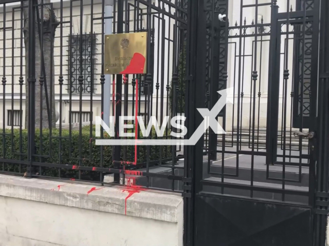 The paint that was thrown at the Russian Embassy's plaque. Note: This is a screenshot from exclusive Newsflash footage taken by Newsflash journalist Joe Golder (Joe Golder/Newsflash).