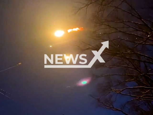 Fireball in the sky from the shot Russian airplane in Kharkiv in Ukraina on the 6th of March 2022.
Note: This picture is a screenshot from the video.
(@SecurSerUkraine/Newsflash)