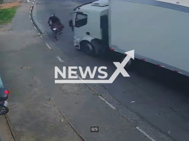 A runaway truck before it  hit a motorcyclist  in Embu das Artes, Brazil, on Thursday, Oct. 27, 2022. It later collided with a building, one person died and three others were injured. Note: Picture is a screenshot from a video (Newsflash)