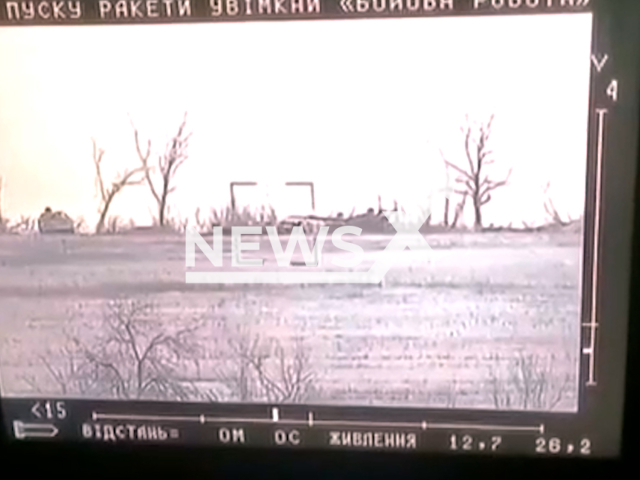 Picture shows Russian tank before it was destroyed by the Ukrainian fighters using Stugna in Ukraine in undated footage.
The Skif or Stuhna-P is a Ukrainian anti-tank guided missile system developed in the 2010s by the Luch Design Bureau.
Note: This picture is a screenshot from the video. (@AFUkraine/Newsflash)