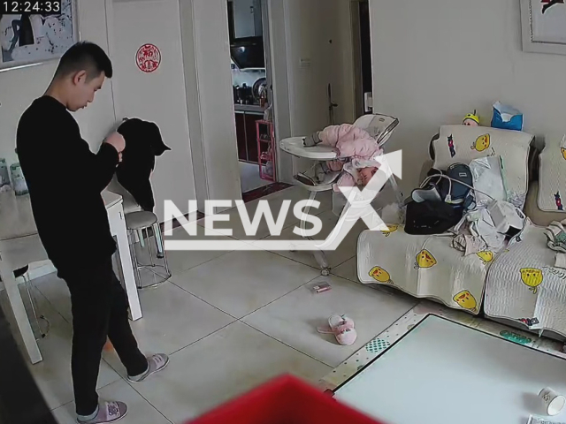 Dad passes by without noticing his baby hanging from a feeding chair in Bengbu, China, on 4th March 2022. Note: Picture is a screenshot from a video (1960598499/AsiaWire)