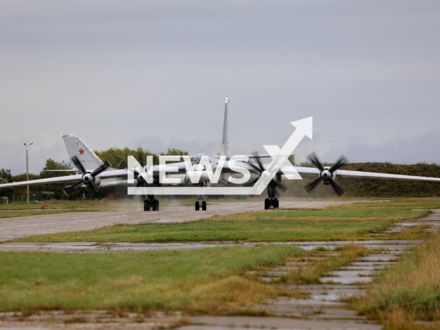 Tu-95MS strategic missile carrier of the Amur long-range aviation formation takes off to perform training flight in Russia in undated footage.
The Tupolev Tu-95 is a large, four-engine turboprop-powered strategic bomber and missile platform. First flown in 1952, the Tu-95 entered service with the Long-Range Aviation of the Soviet Air Forces in 1956 and was first used in combat in 2015.
Note: Ministry of Defense photo.
(Ministry of Defense of Russia/Newsflash)