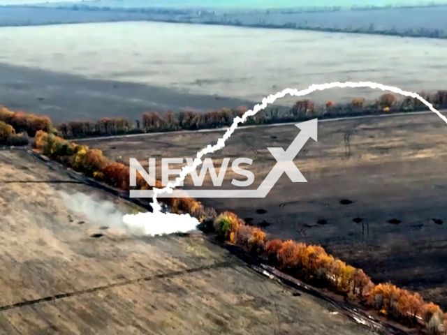 Piece of damaged Russian tank flies off in a field area in the Luhansk region, Ukraine in undated photo. Gunners of the 25th separate Sicheslav Airborne Brigade of the Armed Forces of Ukraine destroyed Russian armored vehicles along with the crew in one of the areas of the execution of combat missions. Note: Picture is a screenshot from a video (@www.dshv.mil.gov.ua/Newsflash)